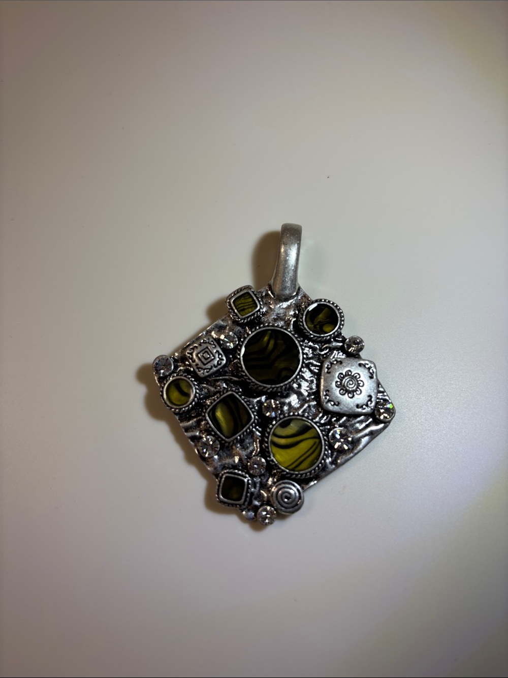 Premier Designs Silver-Tone Geometric Pendant with Olive Green Accents - Picture 3 of 4
